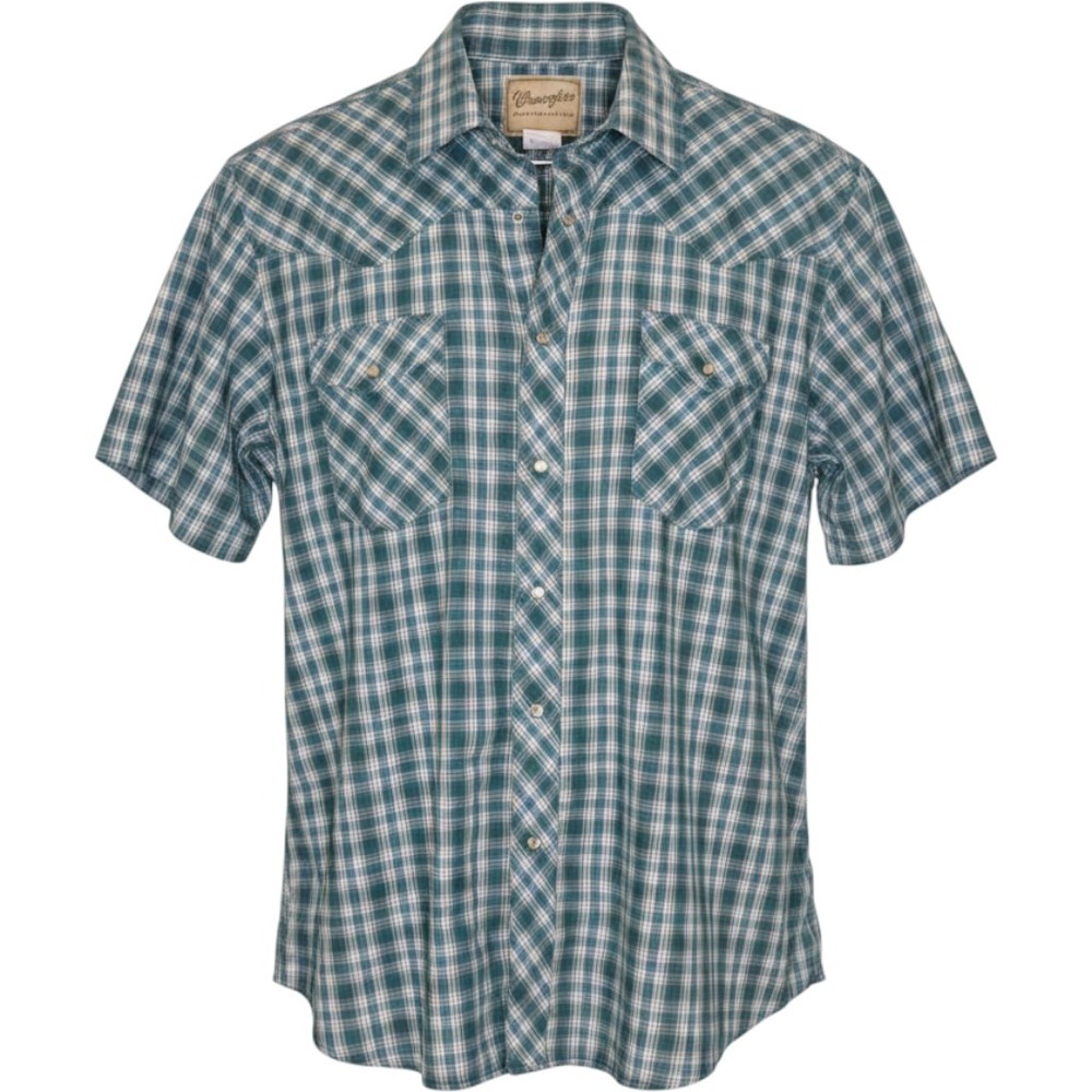 Wrangler Western Shirt Mens XL Teal Orange Plaid Pearl Snap Short Sleeve